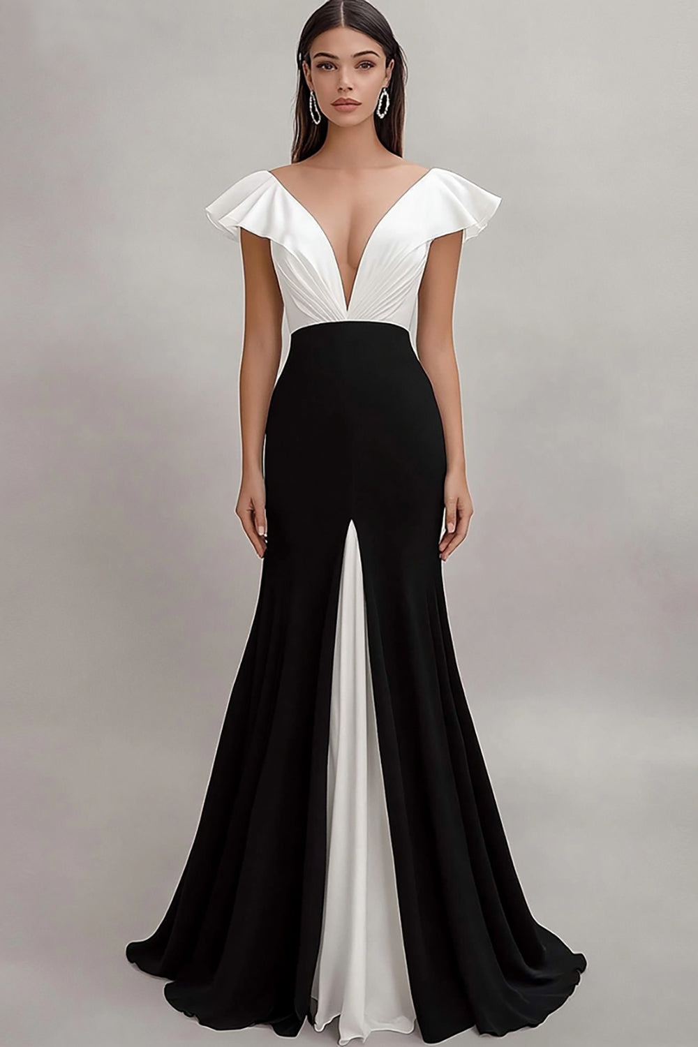 Black White Sheath V-Neck Ruffled Long Formal Dress