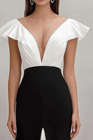 Load image into Gallery viewer, Black White Sheath V-Neck Ruffled Long Formal Dress