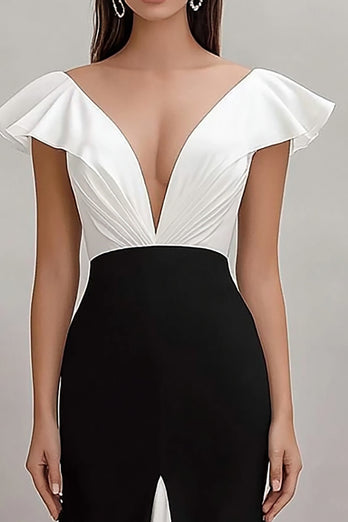 Black White Sheath V-Neck Ruffled Long Formal Dress