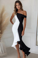 Load image into Gallery viewer, Black White Mermaid Asymmetrical Neck Ruffled Long Cocktail Dress
