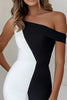 Load image into Gallery viewer, Black White Mermaid Asymmetrical Neck Ruffled Long Cocktail Dress