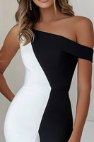 Load image into Gallery viewer, Black White Mermaid Asymmetrical Neck Ruffled Long Cocktail Dress
