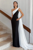Load image into Gallery viewer, Black and White Sheath Long Satin Formal Dress with Cape One Shoulder Maxi Evening Dress