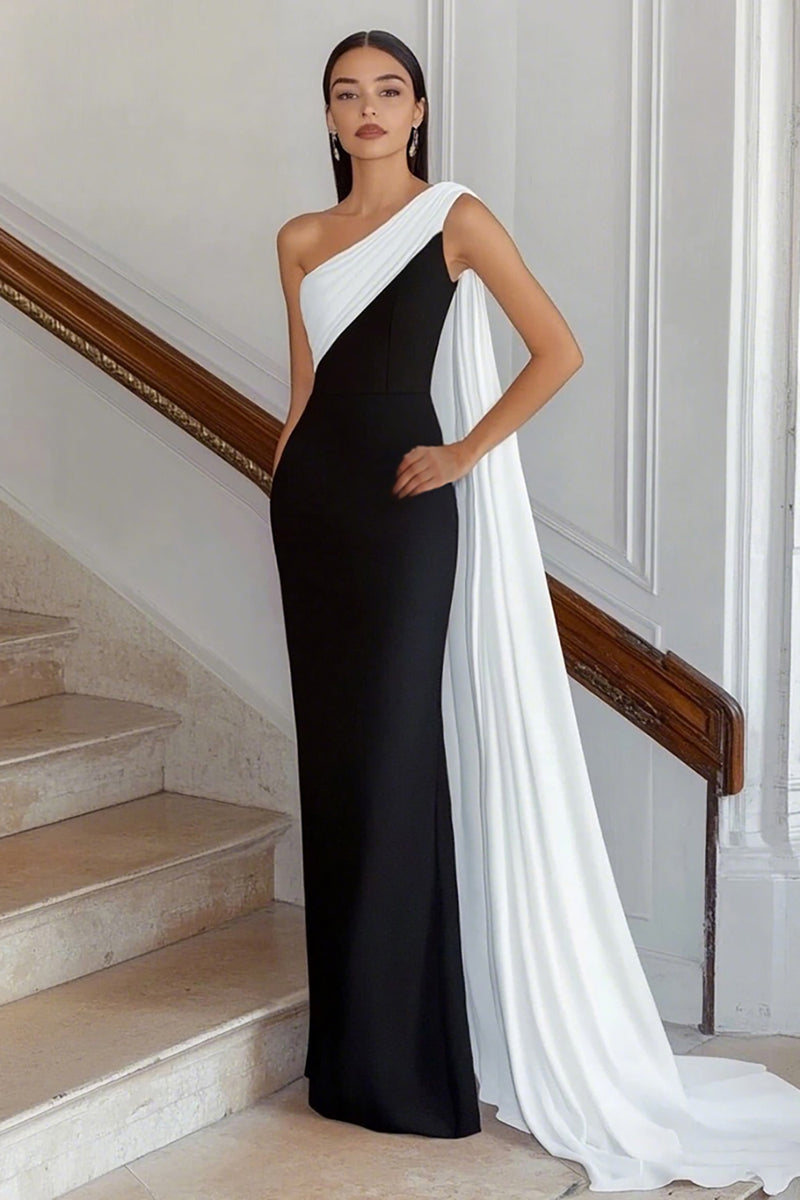 Load image into Gallery viewer, Black White Sheath One Shoulder Long Satin Formal Dress with Side Cape