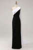 Load image into Gallery viewer, Black and White One Shoulder Satin Sheath Long Formal Dress with Cape