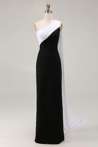 Black and White One Shoulder Satin Sheath Long Formal Dress with Cape