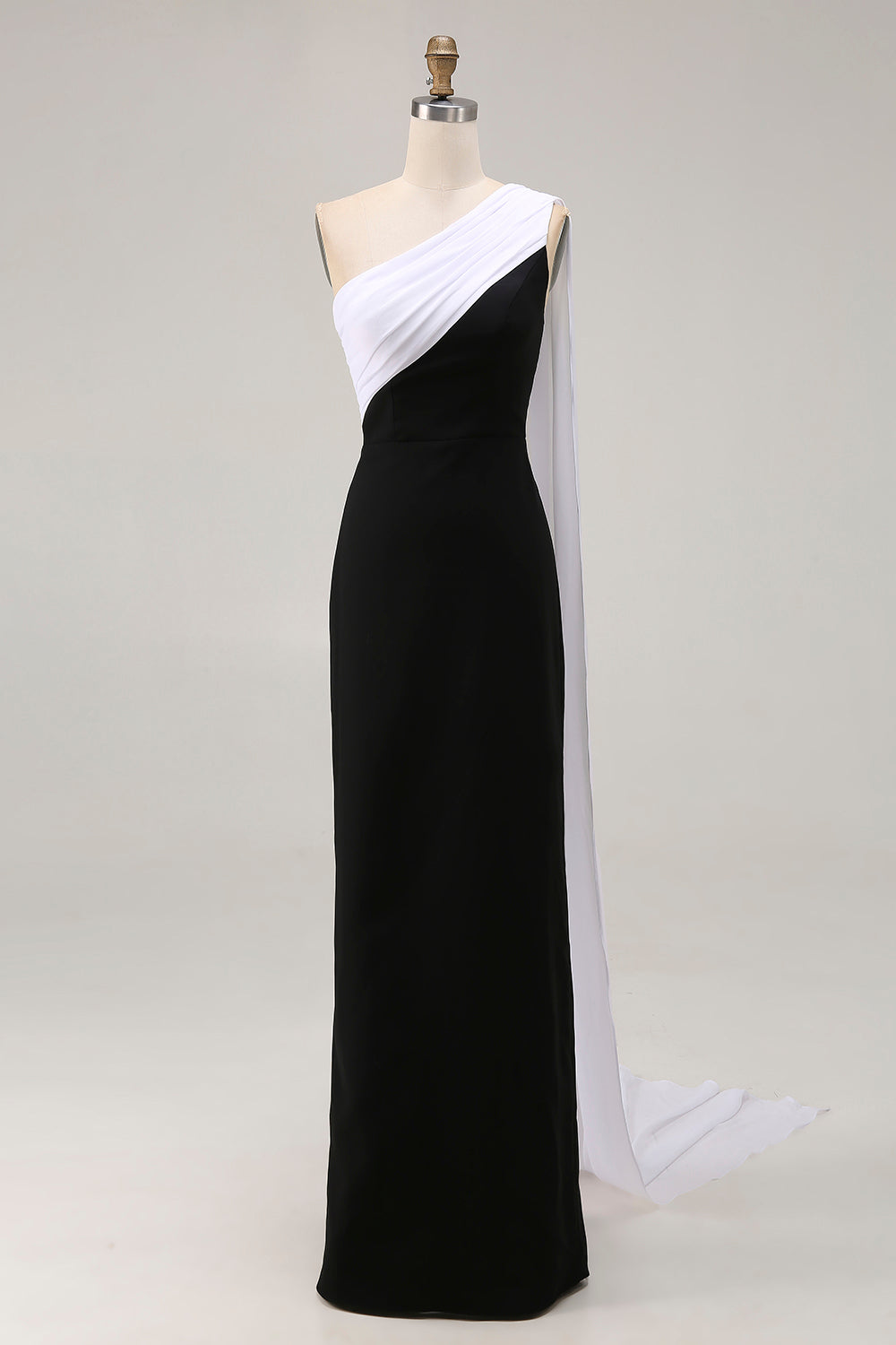 Black and White One Shoulder Satin Sheath Long Formal Dress with Cape