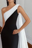 Load image into Gallery viewer, Black White Sheath One Shoulder Long Satin Formal Dress with Side Cape