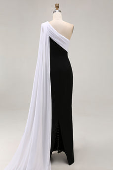 Black and White One Shoulder Satin Sheath Long Formal Dress with Cape