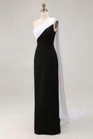 Load image into Gallery viewer, Black and White One Shoulder Satin Sheath Long Formal Dress with Cape