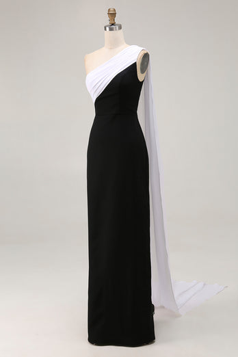 Black and White One Shoulder Satin Sheath Long Formal Dress with Cape
