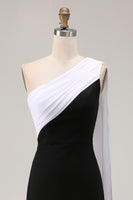 Load image into Gallery viewer, Black and White One Shoulder Satin Sheath Long Formal Dress with Cape