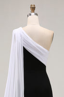 Load image into Gallery viewer, Black and White One Shoulder Satin Sheath Long Formal Dress with Cape
