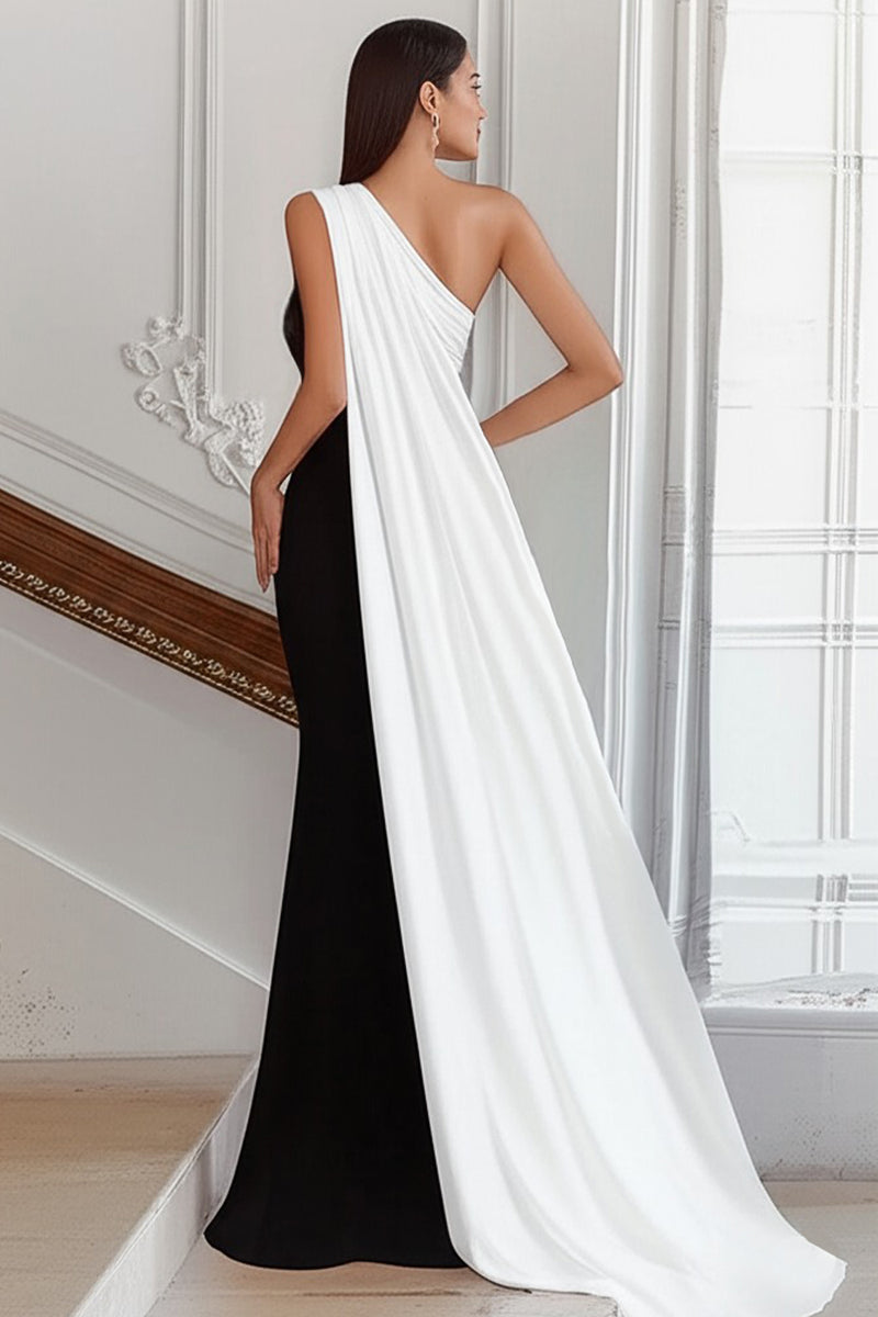 Load image into Gallery viewer, Black White Sheath One Shoulder Long Satin Formal Dress with Side Cape