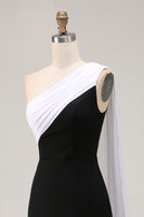 Load image into Gallery viewer, Black and White One Shoulder Satin Sheath Long Formal Dress with Cape