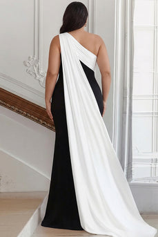 Plus Size Black and White One Shoulder Sheath Long Satin Formal Dress with Cape