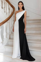Load image into Gallery viewer, Black White Sheath Ruched One Shoulder Long Formal Dress