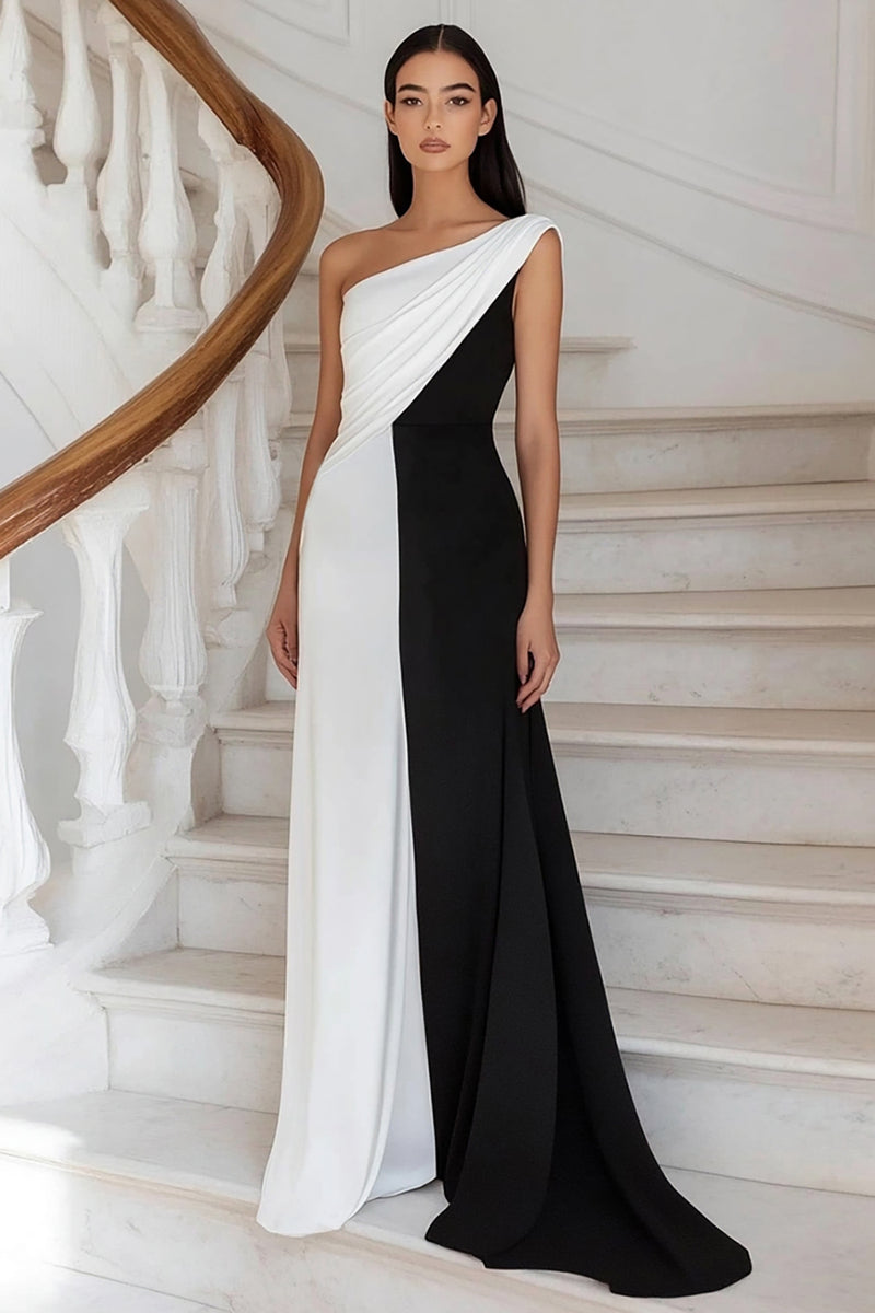 Load image into Gallery viewer, Black White Sheath Ruched One Shoulder Long Formal Dress