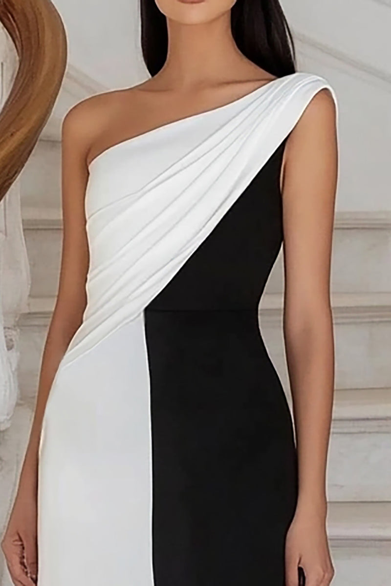 Load image into Gallery viewer, Black White Sheath Ruched One Shoulder Long Formal Dress