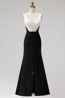 Load image into Gallery viewer, Black White Sheath Satin V-Neck Long Formal Dress with Slit