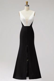 Black White Sheath Satin V-Neck Long Formal Dress with Slit