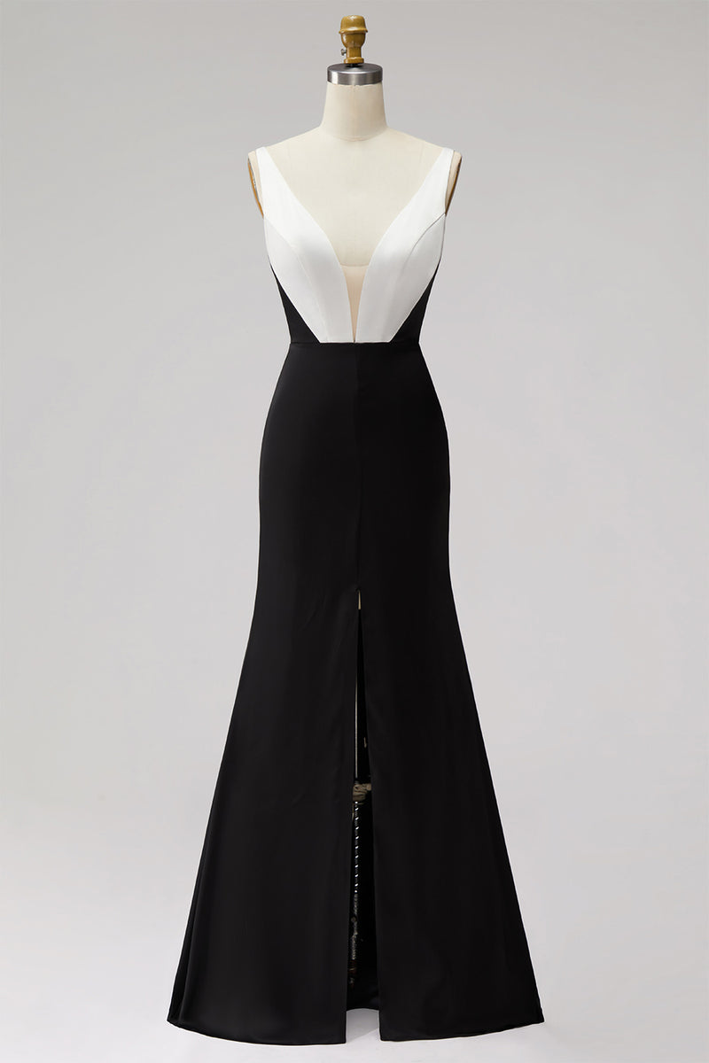 Load image into Gallery viewer, Black White Sheath Satin V-Neck Long Formal Dress with Slit