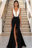 Load image into Gallery viewer, Black White Sheath V-Neck Satin Long Formal Dress with Slit