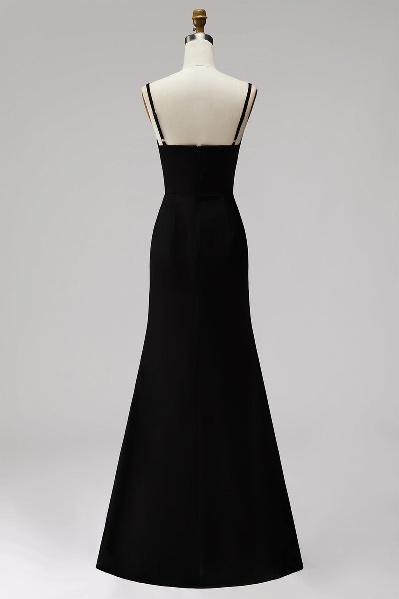 Load image into Gallery viewer, Black White Sheath Satin V-Neck Long Formal Dress with Slit
