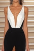 Load image into Gallery viewer, Black White Sheath V-Neck Satin Long Formal Dress with Slit