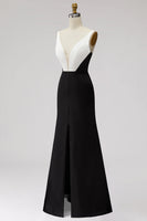 Load image into Gallery viewer, Black White Sheath Satin V-Neck Long Formal Dress with Slit