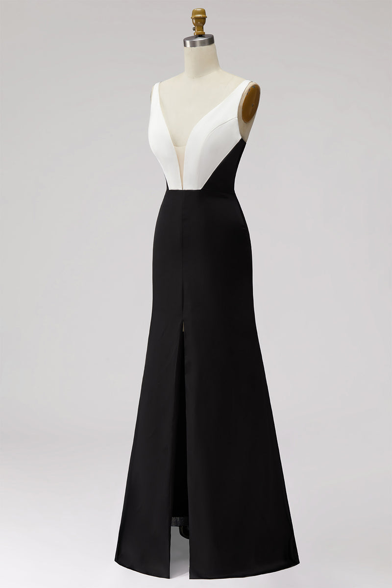 Load image into Gallery viewer, Black White Sheath Satin V-Neck Long Formal Dress with Slit
