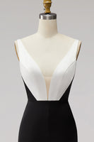 Load image into Gallery viewer, Black White Sheath Satin V-Neck Long Formal Dress with Slit