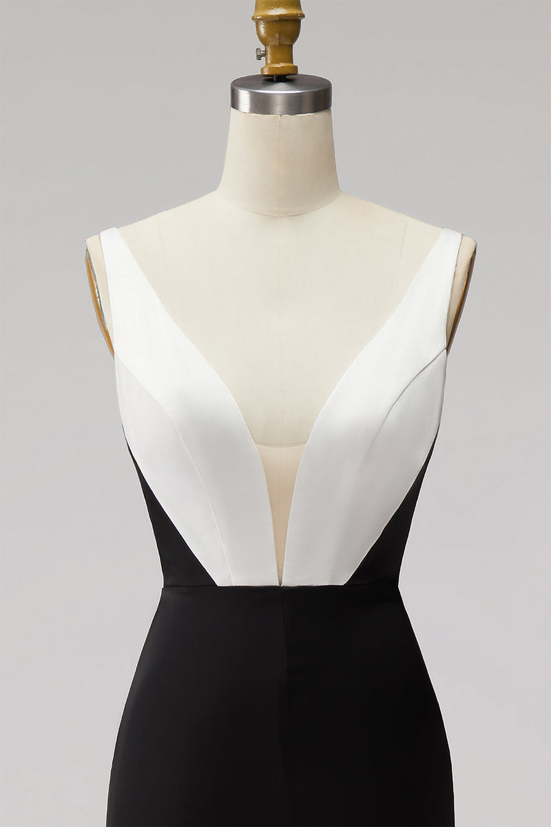 Load image into Gallery viewer, Black White Sheath Satin V-Neck Long Formal Dress with Slit