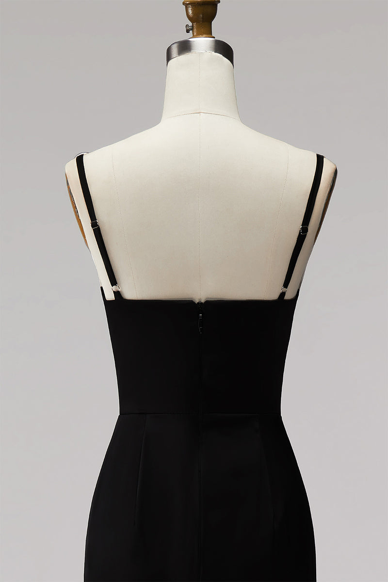 Load image into Gallery viewer, Black White Sheath Satin V-Neck Long Formal Dress with Slit