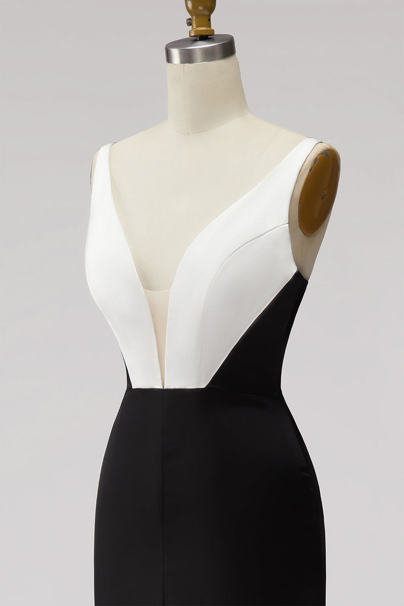 Load image into Gallery viewer, Black White Sheath Satin V-Neck Long Formal Dress with Slit