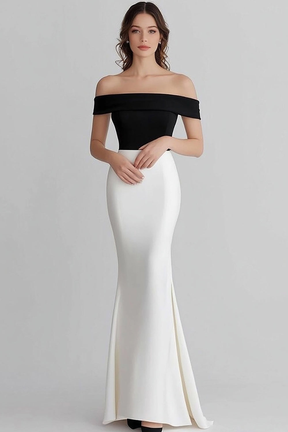 Black White Off the Shoulder Mermaid Satin Long Formal Dress