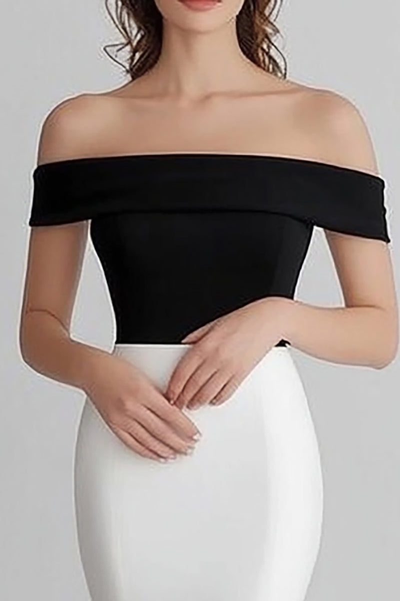Load image into Gallery viewer, Black White Off the Shoulder Mermaid Satin Long Formal Dress