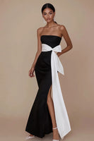 Load image into Gallery viewer, Black White Sheath Strapless Satin Long Formal Dress with Sash