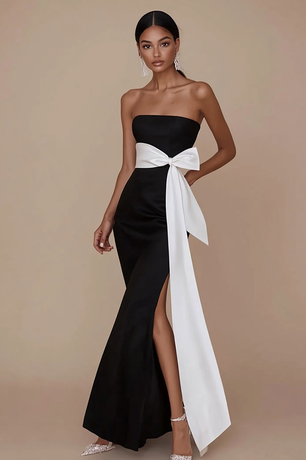 Black White Sheath Strapless Satin Long Formal Dress with Sash