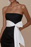 Load image into Gallery viewer, Black White Sheath Strapless Satin Long Formal Dress with Sash