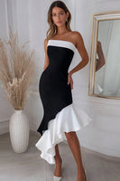 Load image into Gallery viewer, Black and White Satin Asymmetrical Cocktail Dress with Ruffles Sheath Strapless Sleeveless Formal Dress