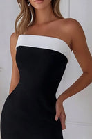Load image into Gallery viewer, Black and White Satin Sheath Strapless Asymmetrical Cocktail Dress with Ruffles
