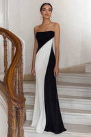 Load image into Gallery viewer, Black White Sheath Strapless Ruched Long Formal Dress