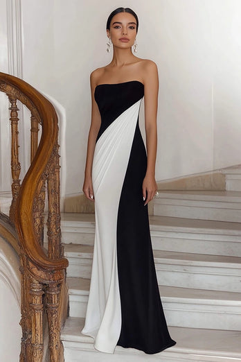 Black White Sheath Strapless Ruched Long Formal Dress