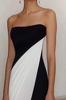 Load image into Gallery viewer, Black White Sheath Strapless Ruched Long Formal Dress