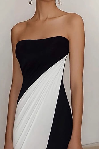 Black White Sheath Strapless Ruched Long Formal Dress