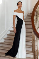 Load image into Gallery viewer, Black White A Line Off the Shoulder Long Formal Dress