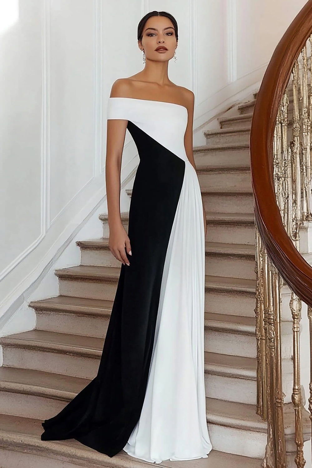 Black White A Line Off the Shoulder Long Formal Dress