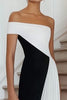 Load image into Gallery viewer, Black White A Line Off the Shoulder Long Formal Dress