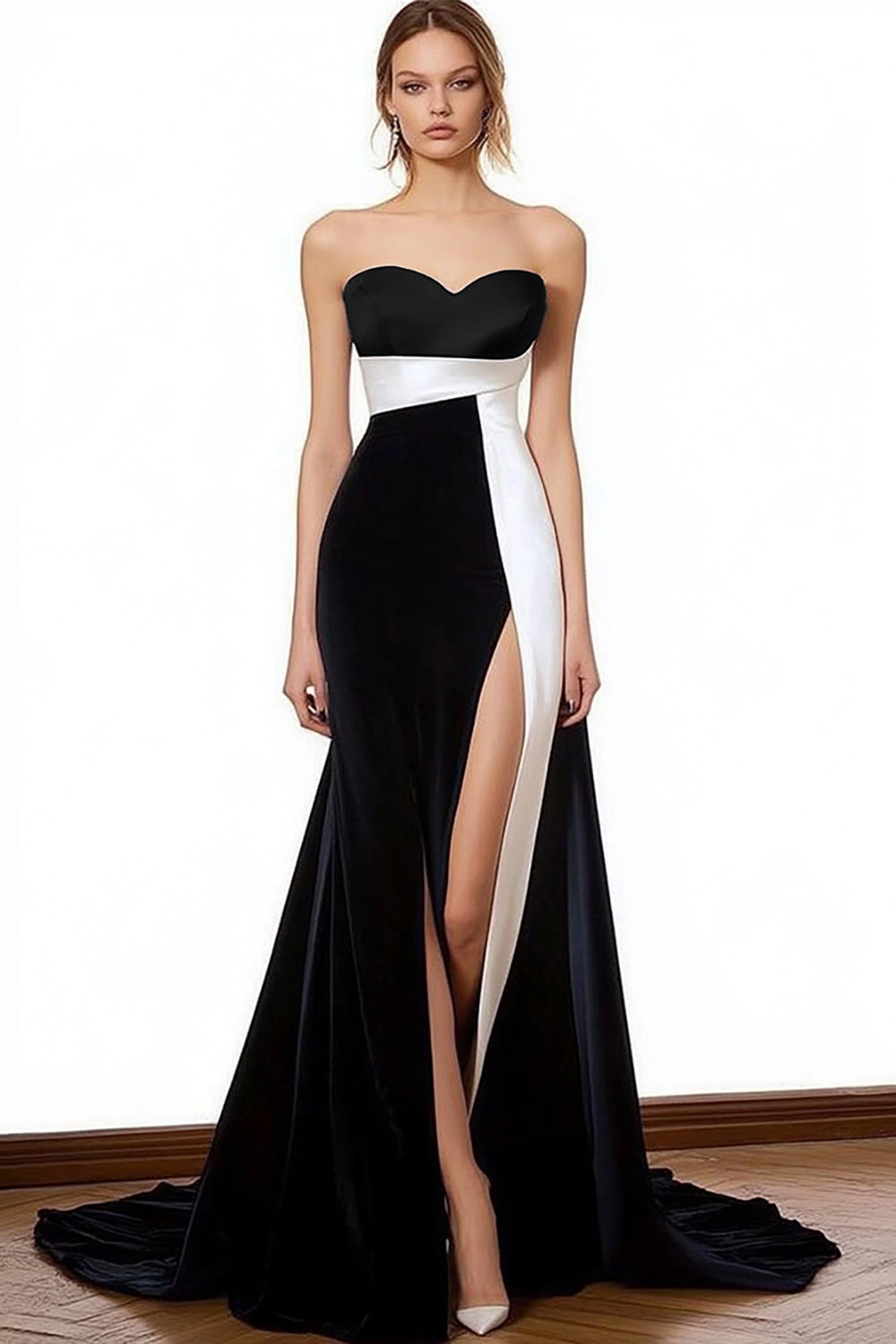 Black White Satin Sweetheart Long Formal Dress with Slit